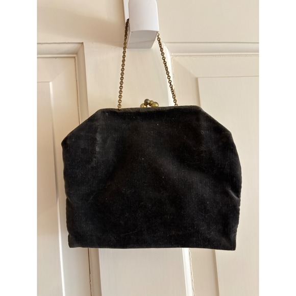 Vintage Black Velvet Evening Bag Gold Chain Kiss Lock Clutch Formal Handbag - Picture 4 of 4